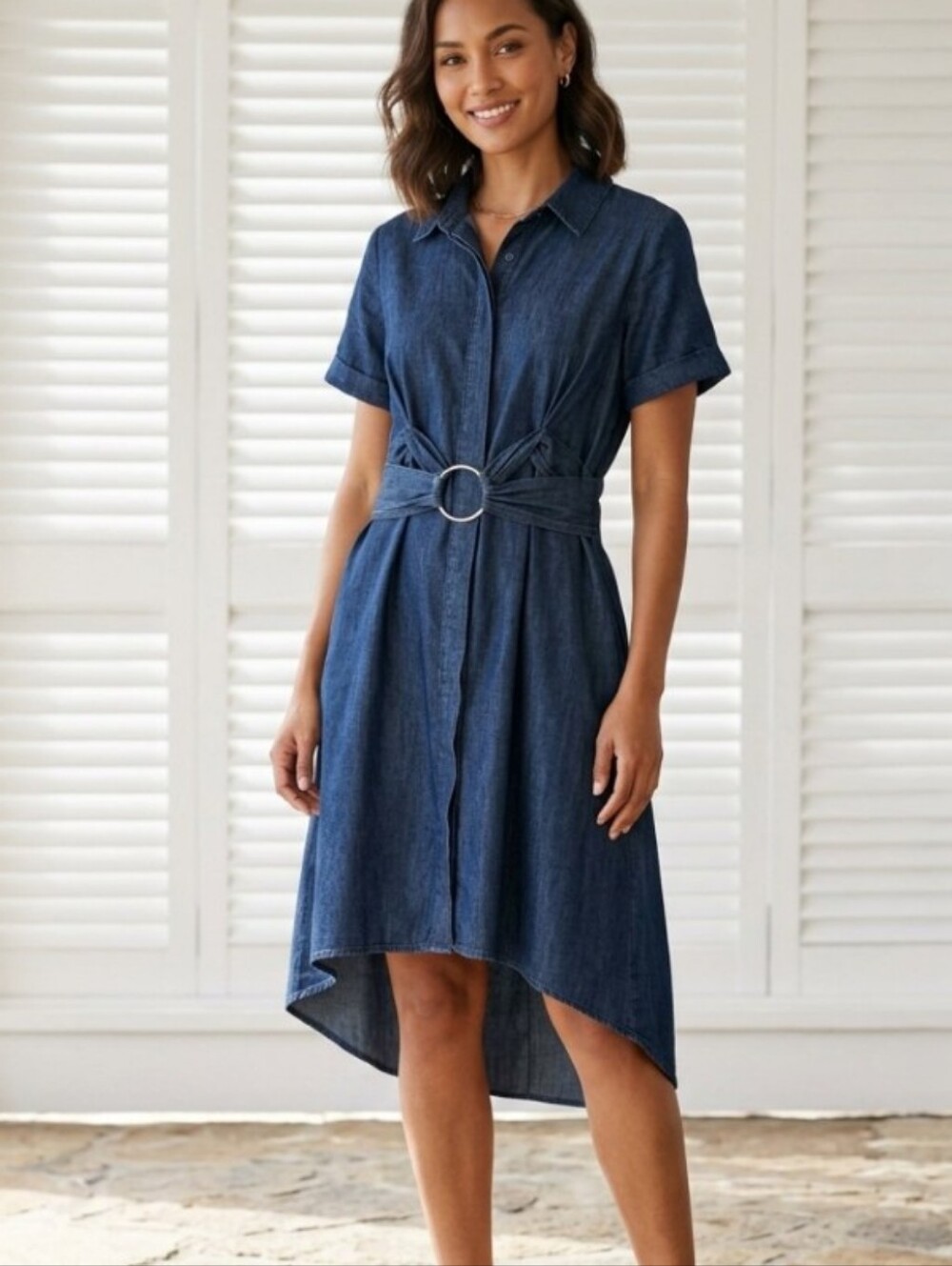Given Kale Ring-Tie Accent High-Low Denim Shirt Dress in Dark Blue Size XL